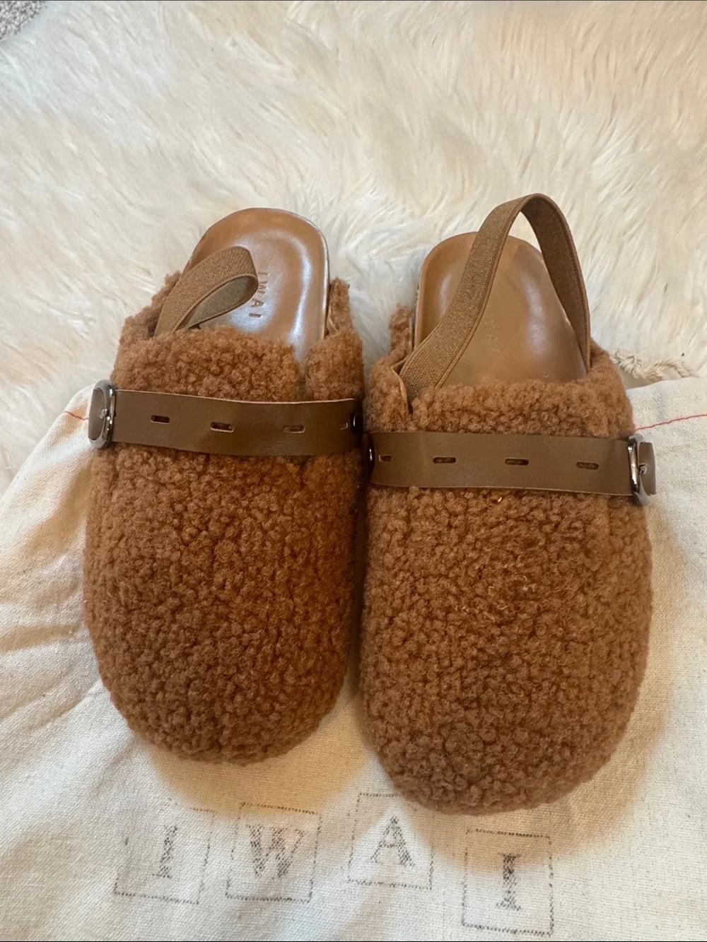 NWOT Size 29 IWAI Brown Fuzzy Slip-on Mules!